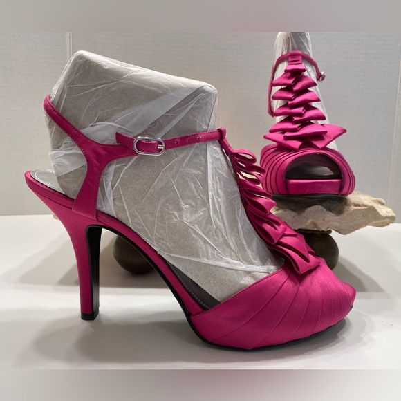 Nina Hot Pink Satin Platform Peep Toe T-Strap Formal High Heels Sz 10 - Picture 2 of 9